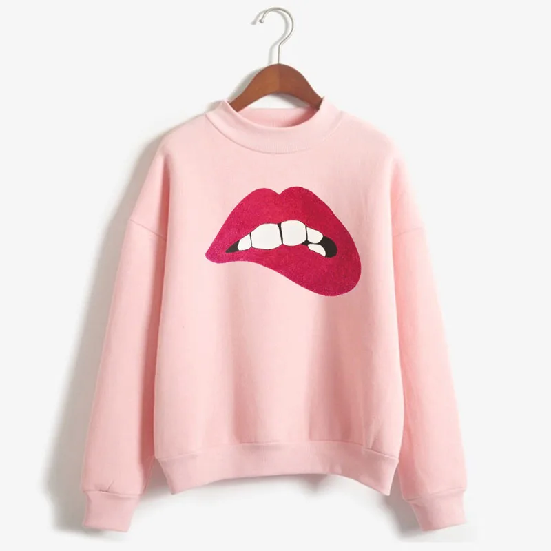 

Shiny Pink Lips Print Women Sweatshirt Sweet Korean O-neck Knitted Pullover Thick Autumn Winter Candy Color Loose Lady Clothing