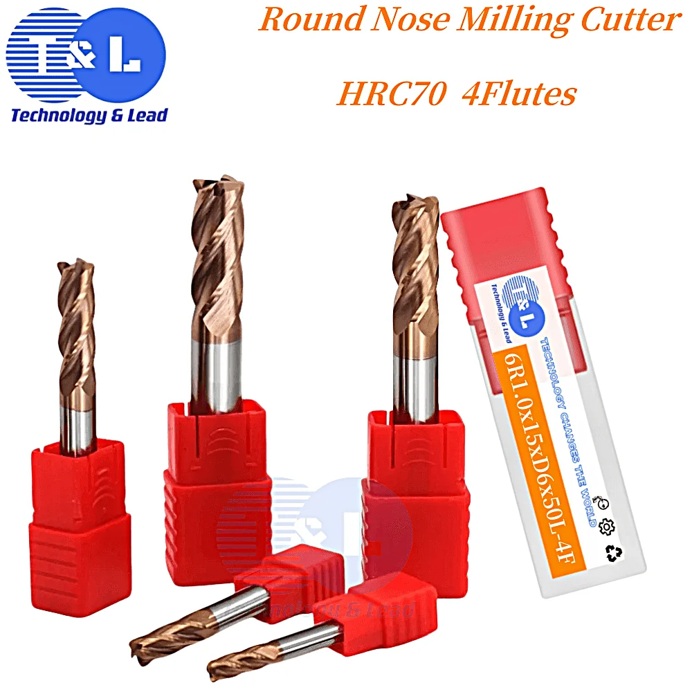 

T&L HRC70 4Flute End Mill Tungsten Steel Carbide Nano Coating Round Nose Milling Cutter CNC Machining Center Endmills Tools