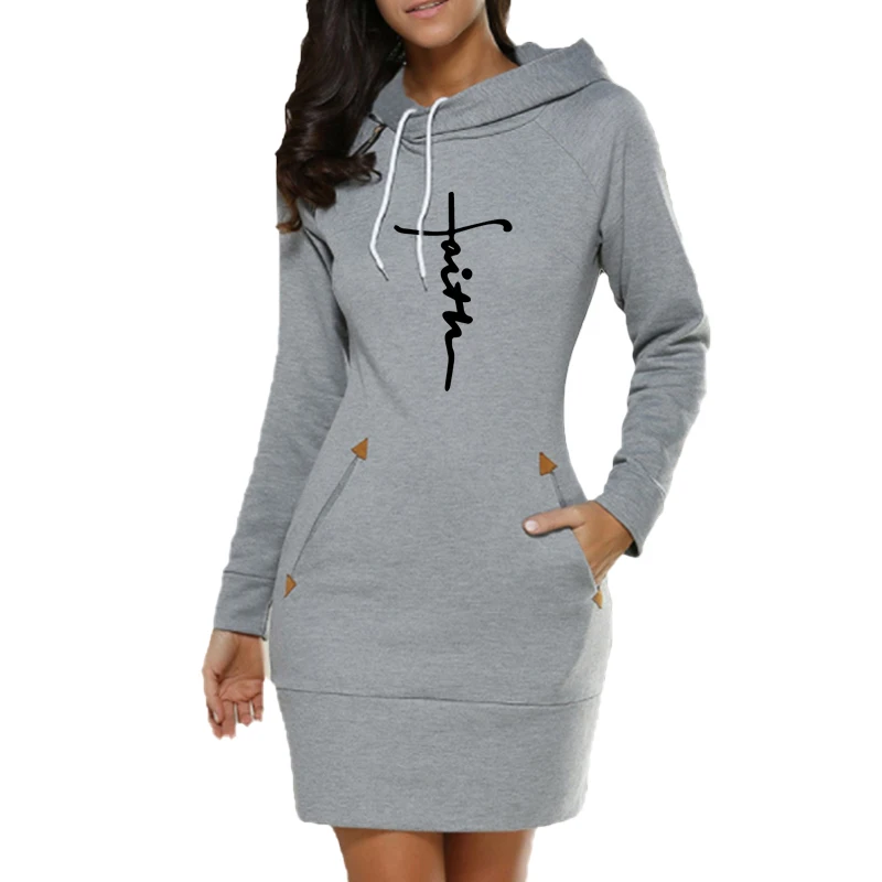 Women Hoodie Dress Sweatshirt Pullover Dress Autumn Winter Printed Cotton Long Sleeve Slim Pocket Hoodie Dress S-3XL