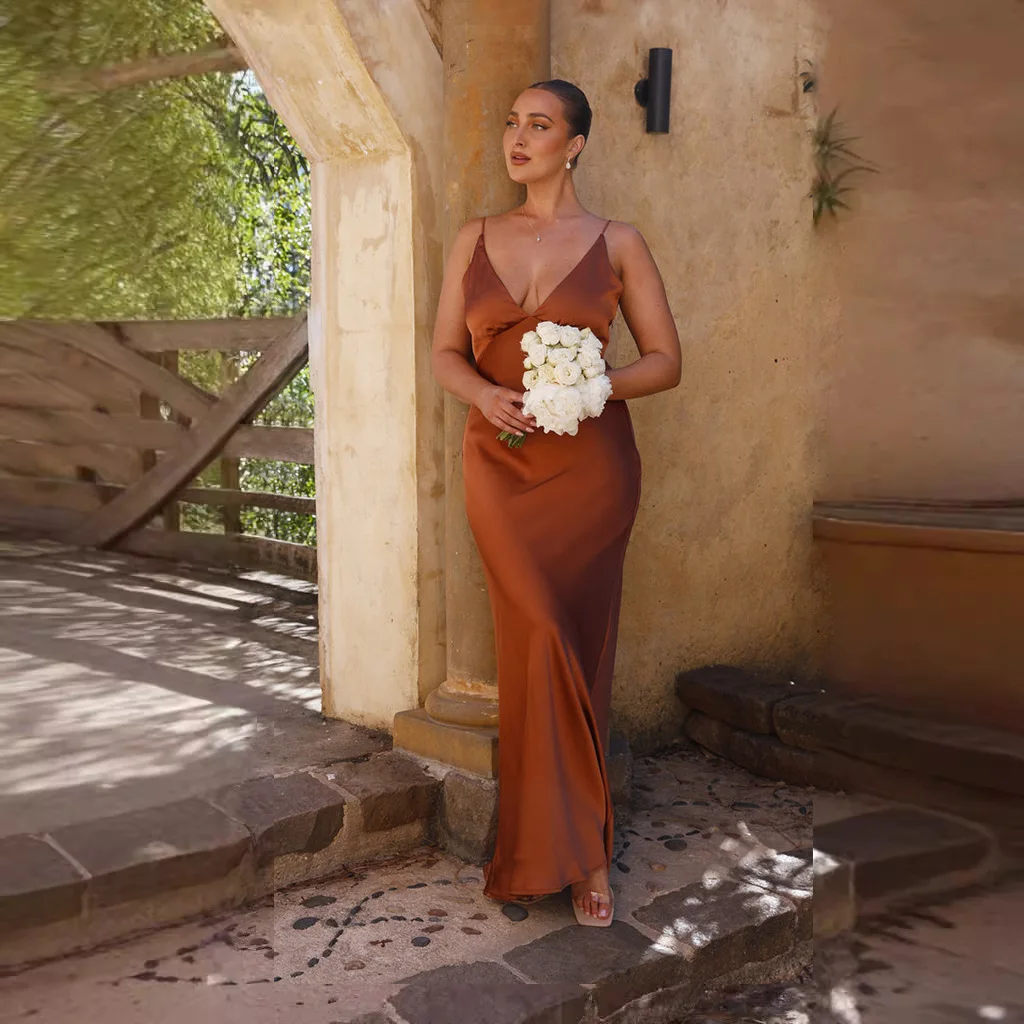 Coleção de dama de honra cor ferrugem vestido maxi em longo cetim festa de casamento vestido de convidado em ferrugem primavera verão vestido sexy para mulher 2