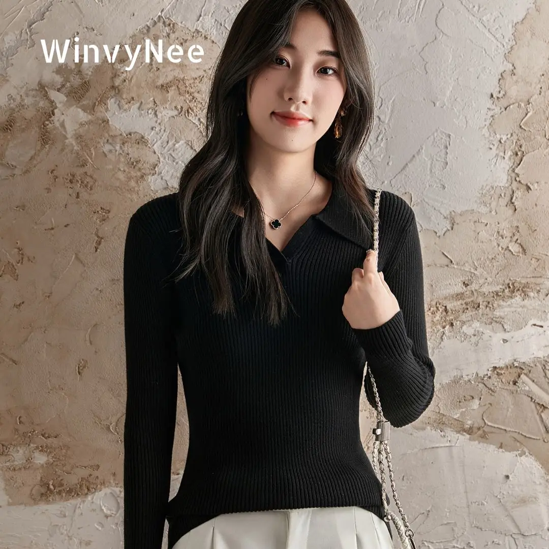 

WinvyNee Women 100% Cotton Ribbed Polo Collar Slim Fit Versatile Soft Touch Warm Cozy Solid Color Long Sleeve Pullover A1092023
