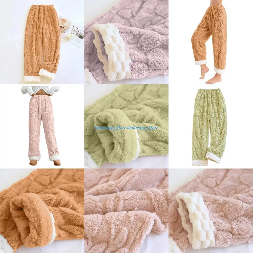 

573B Womens Fuzzy Pajama Pant Elastic Waist Wide Leg Fleece Sleepwear Winter Soft Cozy Pants
