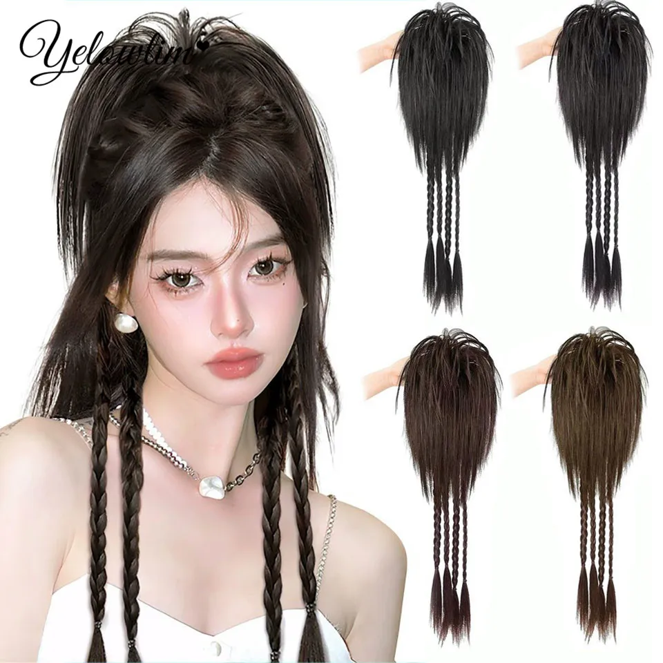 YELOW Braids Wigs Long Hair For Women Color Pigtails Hip Hop Twist Gradient Color Ethnic Style Three-strand Dirty Braids Ponytai