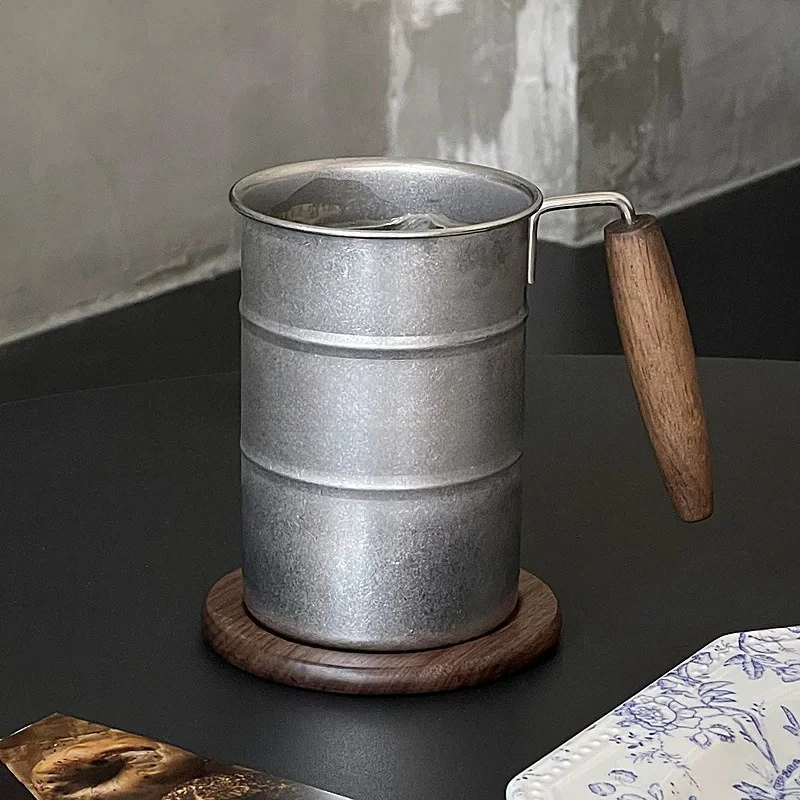 Wood Handle Camping Mug Vintage Industrial Stainless Steel Drinkware Iced Americano Coffee Cup Outdoor Travel Drinking Vessel
