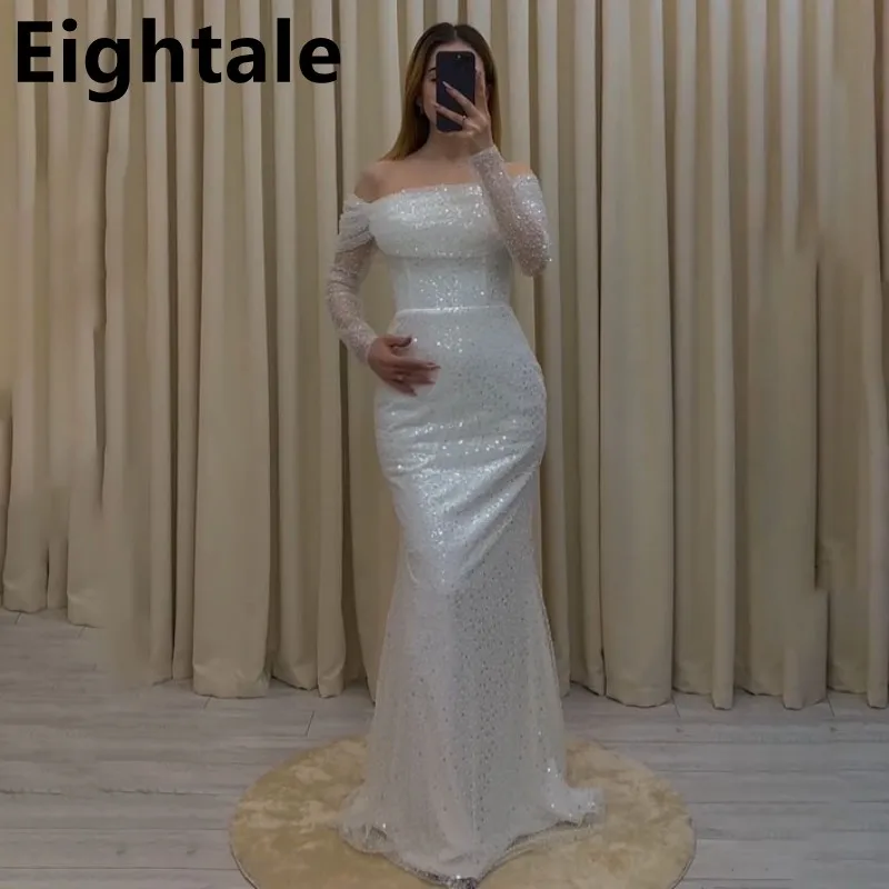 

Eightale 2024 White Mermaid Sequin Evening Dresses For Wedding Party Off Shoulder Long Sleeve Formal Prom Dress Dubai Party Gown