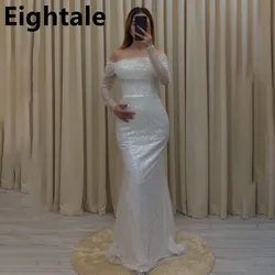 Eightale 2024 White Mermaid Sequin Evening Dresses For Wedding Party Off Shoulder Long Sleeve Formal Prom Dress Customized