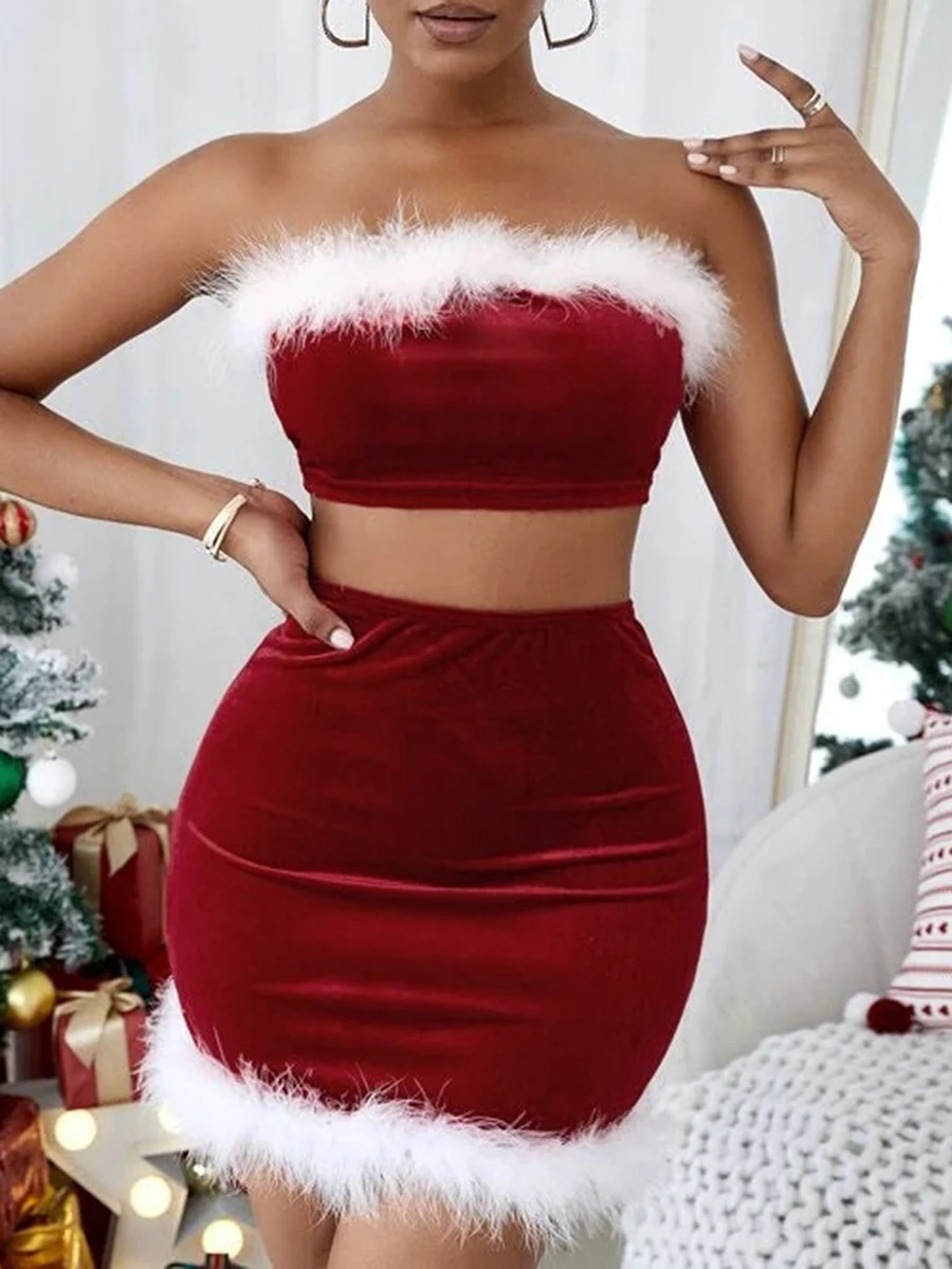 Women s Christmas Skirt Outfits Contrast Color Crop Tube Tops Bodycon Mini Skirt Lingerie