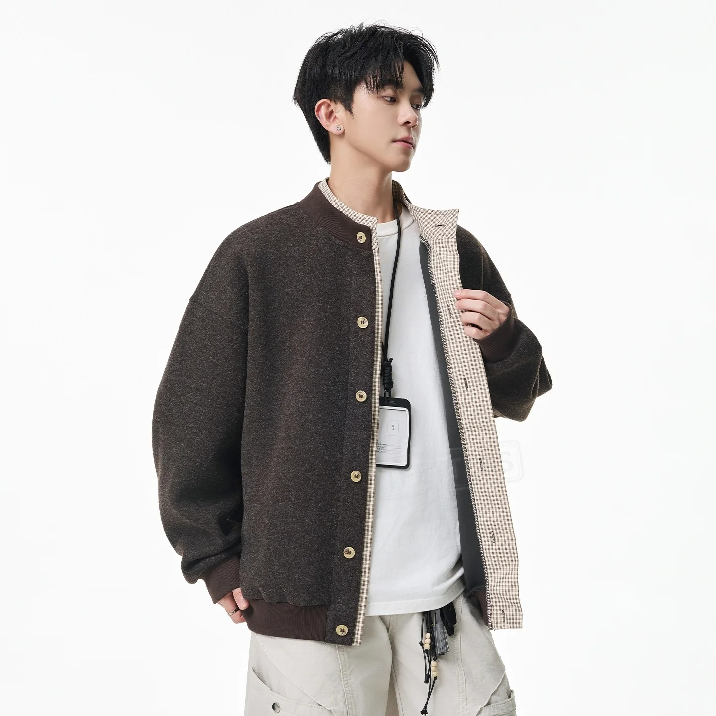 TFETTERS 2026 Autumn Old Money Jacket for Men Wool Texture Stand Collar Contrast Check Fake Two Piece Loose Vintage Cardigan Man
