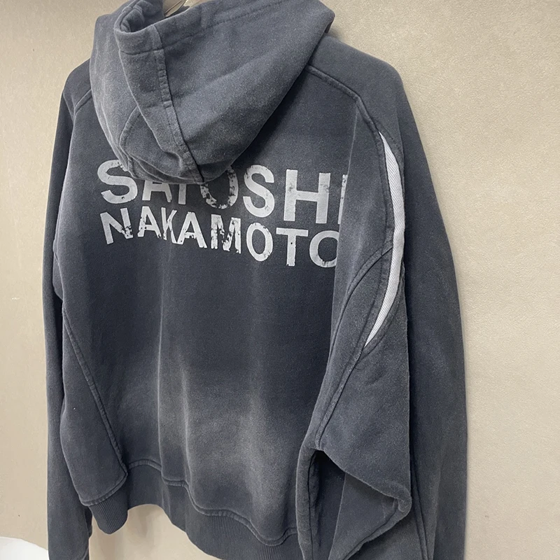 Satoshi Nakamoto Embroidered Cotton-Jersey Zip-Up Hoodie Autumn Winter Streetwear Men Washed Vintage Print Loose Sweatshirts