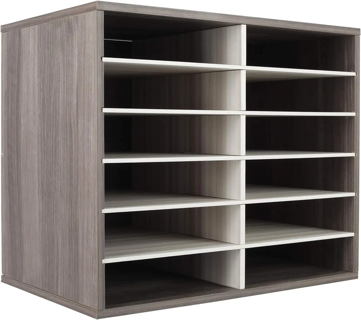 منظم ورق مكتب خشبي مع 12 رفًا قابل للتعديل، يحمل 6000 ورقة مقاس A4، رمادي/أبيض قديم للفصول الدراسية والمكتب والمنزل