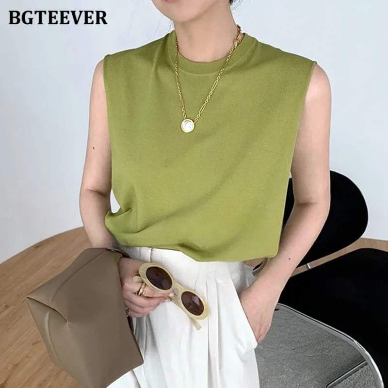 BGTEEVER Elegant Ice Tough Knitted Vests for Women Summer Stylish O-neck Ladies Basic Tank Tops Ladies Camisole Summer