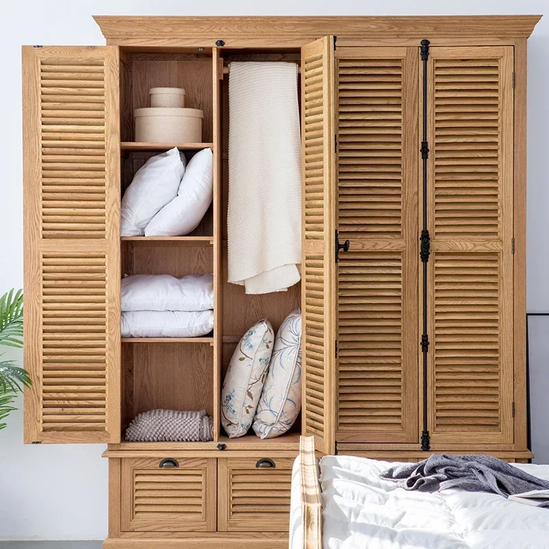 

Antique American Country European Solid Wood Wardrobe Oak Louver Wardrobe Bedroom