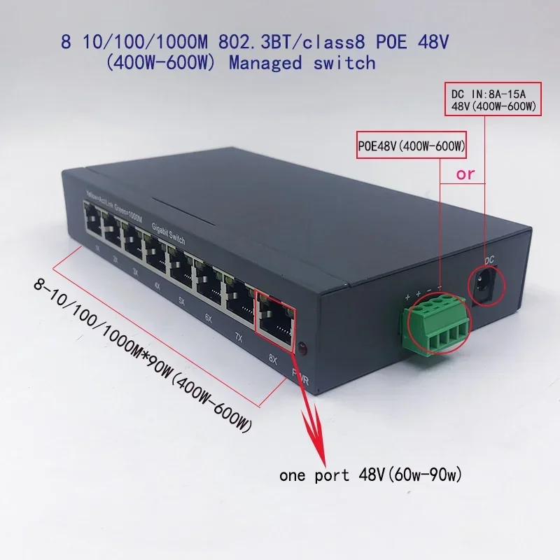 Conmutador administrado de 8 puertos 10/100/1000M POE 48V(400W-600W) 802.3BT clase8(90W.8)