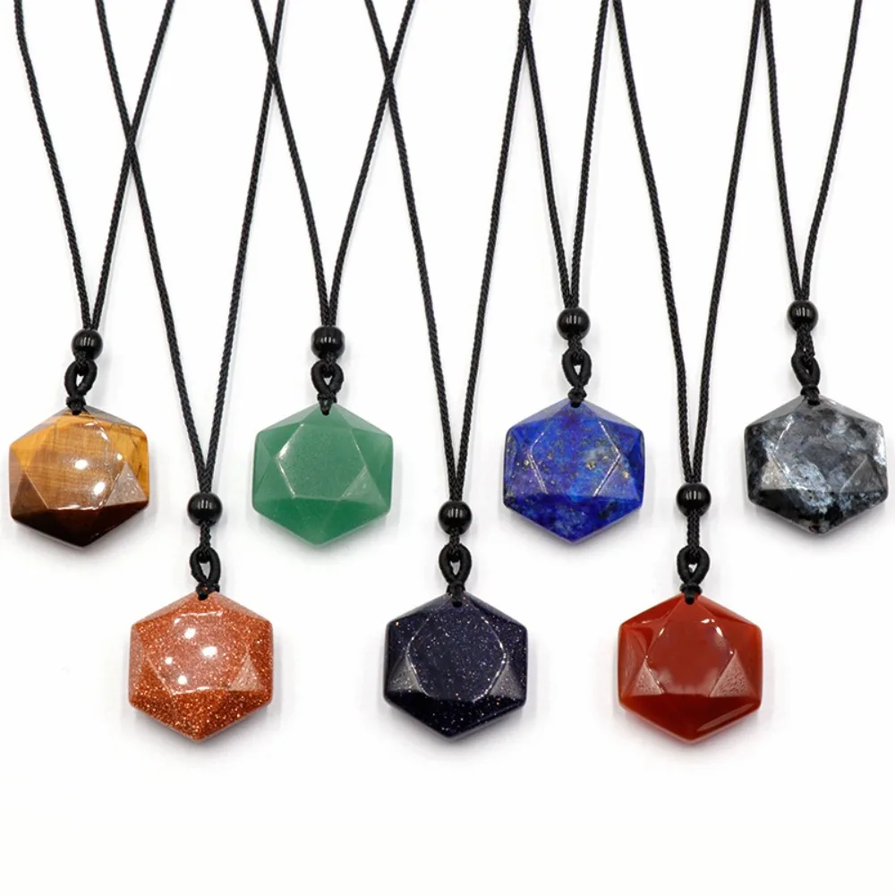 

Hexagon Faceted Natural Stone Pendants, Healing Crystal Adjustable Black Rope Necklaces for Men Women