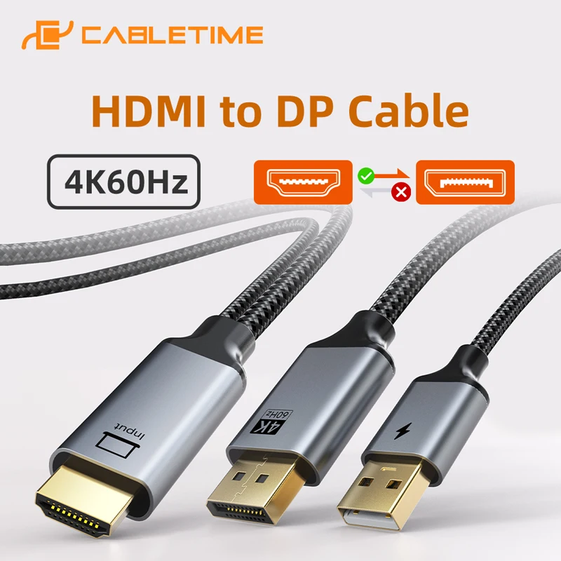 

CABLETIME 4K@60Hz HDMI to DP Cable Uni-Directional with USB Power Game Console to Type C Monitor for PS3/4/5 Switch Nintendo