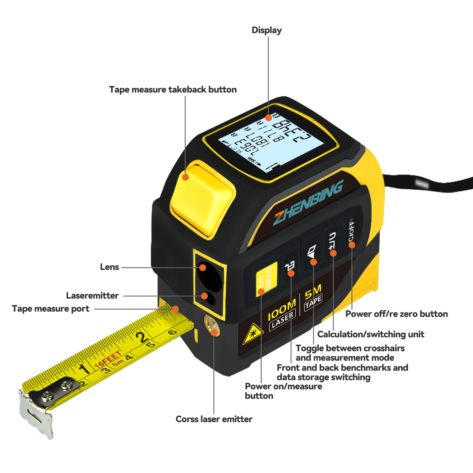 ZHENBING 100m Portable One-button Laser Measurement Auto Lock Steel Tape Measure Electric Angle Laser Distance Meter - Image 3