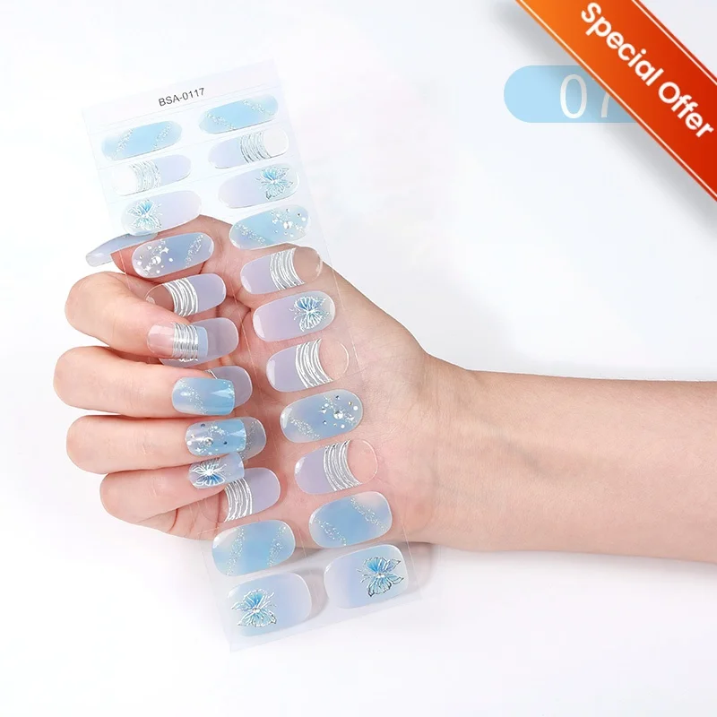 16/20/22Tips Blue Fresh Summer Semi-cured Gel Nail Sticker UV Lamp Needed Full Cover Nail Gel Polish Press On Nails Decal