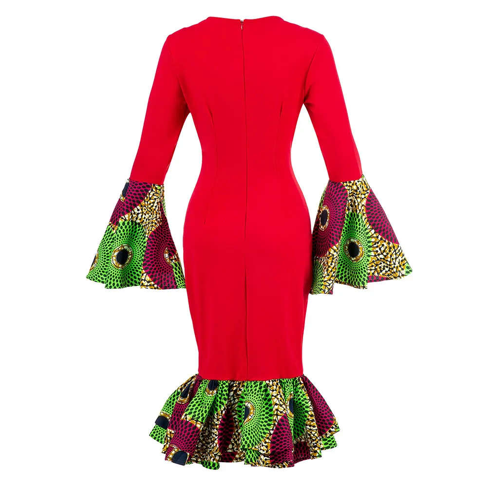 African Dresses For Women Ankara Africa Print Lotus Leaf Trumpet Sleeve Red Sexy Slim Dress Sexy Women's Clothing