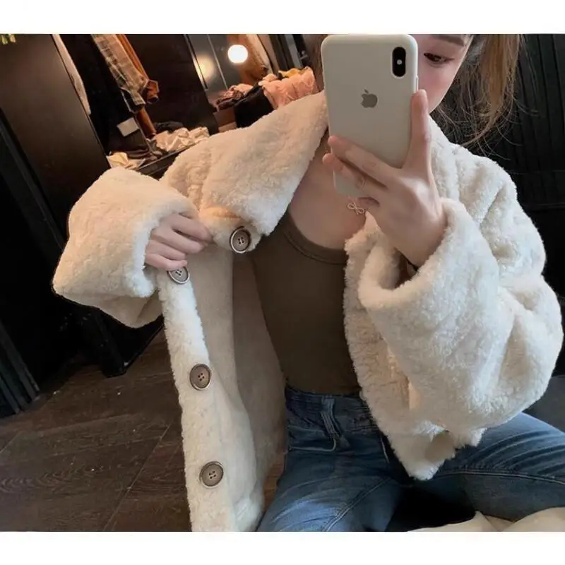 

Women's Lamb's Wool Coat Autumn Winter Outdoor Daily Wear Hoodie Jacket Loose Short Korean Style Casual Cardigan Commuter Style