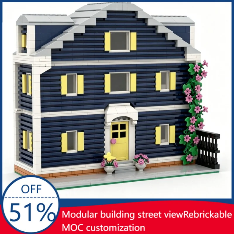 2141PCS Customize MOC Yellow Shutter Townhouse Modular City Building Blocks Architecture Model Educational Toy Christmas Gifts