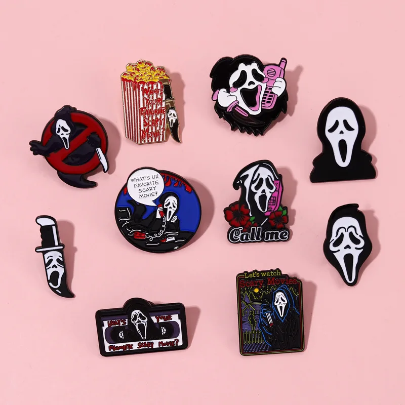 Goth Ghost Enamel Brooch Pink Phone Ghost Popcorn Dagger Candy Sickle Flower Skull Tombstone Horror Badge Punk Pins Jewelry Gift