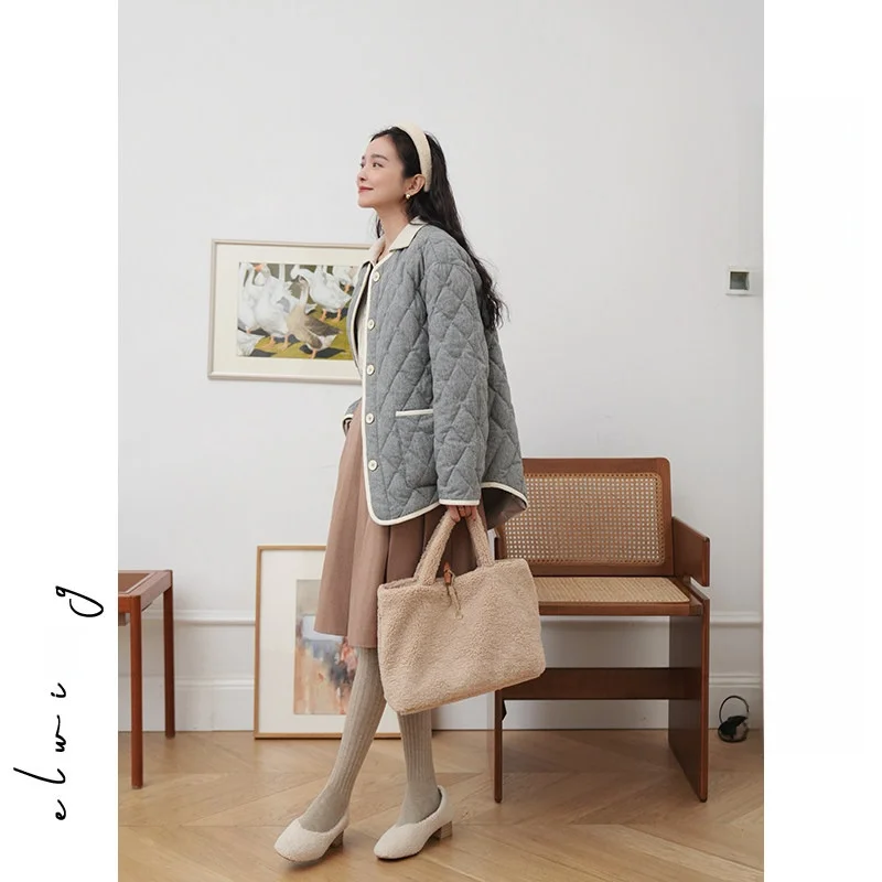 

Elwing Original Retro Diamond Stitching Women's Winter White Du down Versatile High Collar Coat