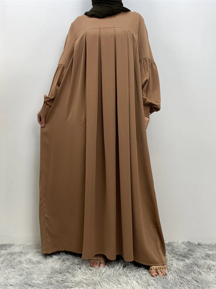 Eid Muslim Neck Abaya Dress for Women Loose Pocket Solid Pleated Long Dresses Arab Dubai Robe Femme Musulman Vestidos Party 2023