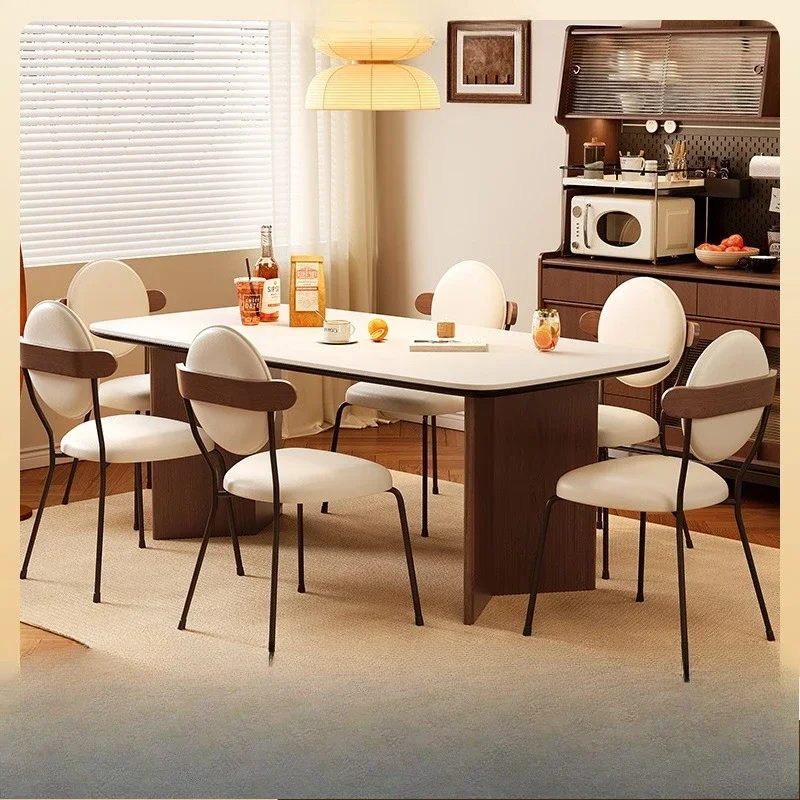 中世の黒クルミ材の岩板ダイニングテーブルと椅子の組み合わせ、新しいレトロな長方形の小さなアパート用ダイニングテーブル