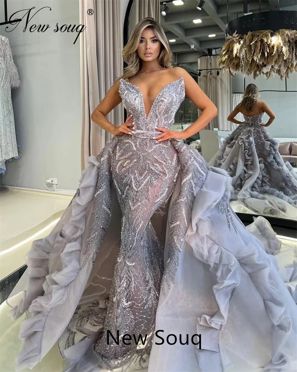 Saudi Arabia Sliver Beading Evening Dresses Gorgeous Mermaid Detachable Skirt Dismonds Wedding Party Dress Customized Prom Gowns