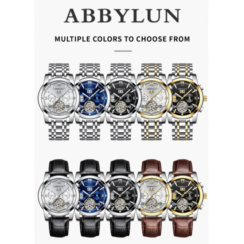 Abbylun 8051 Men\'s Mechanical Watch Automatic Multi-function Calendar Display Dial Date Waterproof Wristwatch for Male