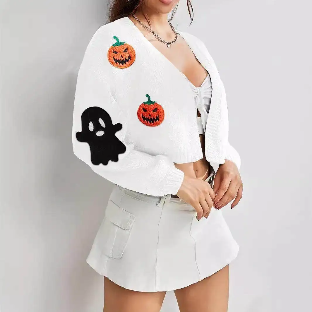 

Женский вязаный кардиган-свитер с длинными рукавами, свободного кроя, средней плотности, модный, повседневный, в стиле Хэллоуин.