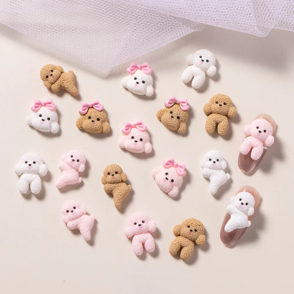 

20pcs Puppy cartoon Nail Charms jewelry cute three-dimensional pink bow milk dog resin DIY wearing nail accessories wholesale