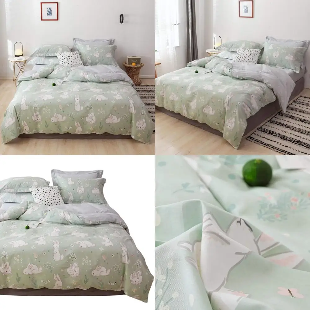

Комплект пододеяльников с милым кроликом, постельное белье из 100% хлопка для детей и подростков, светло-зеленый с белыми кроликами и цветами, 1-двойной