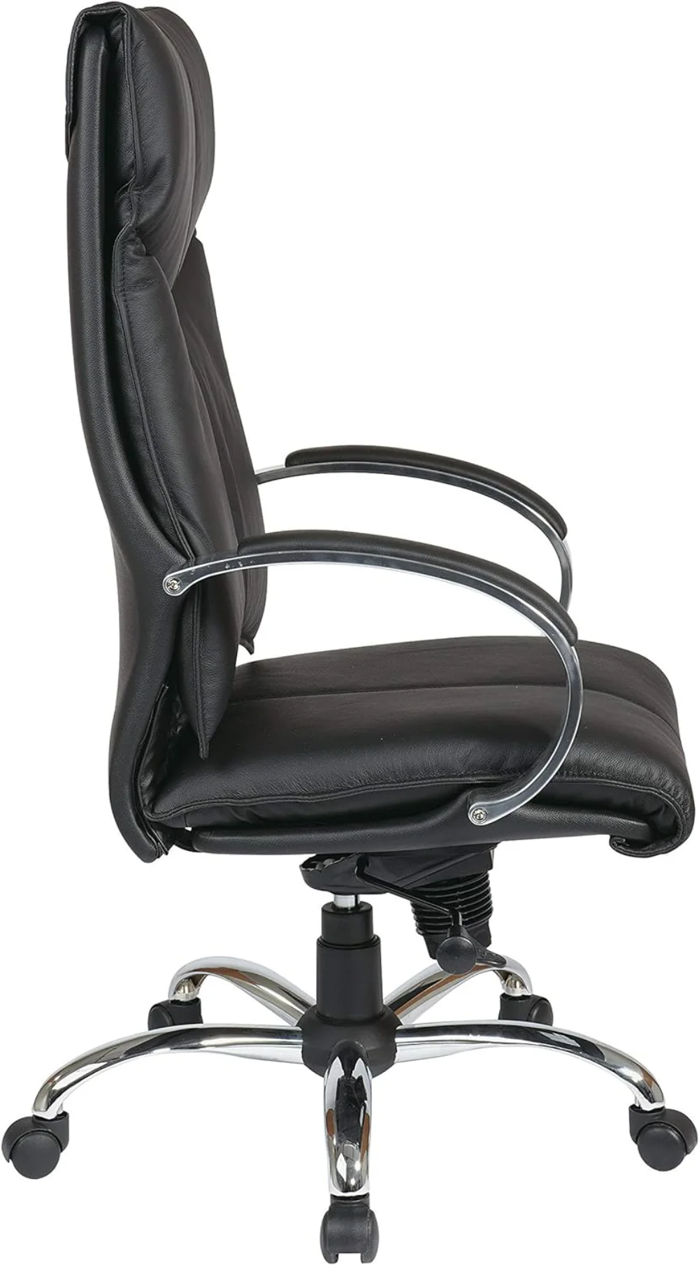 High Back Executive Leather Office Chair Chrome Base Padded Loop Arms Lumbar Support Tilt Control Black 28.25