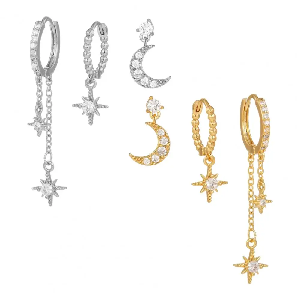 Earrings Set Sparkling Earrings 3 Pairs Women Earrings Moon Star Charm Huggie Electroplated Rhinestone Studs Party Prom Dating