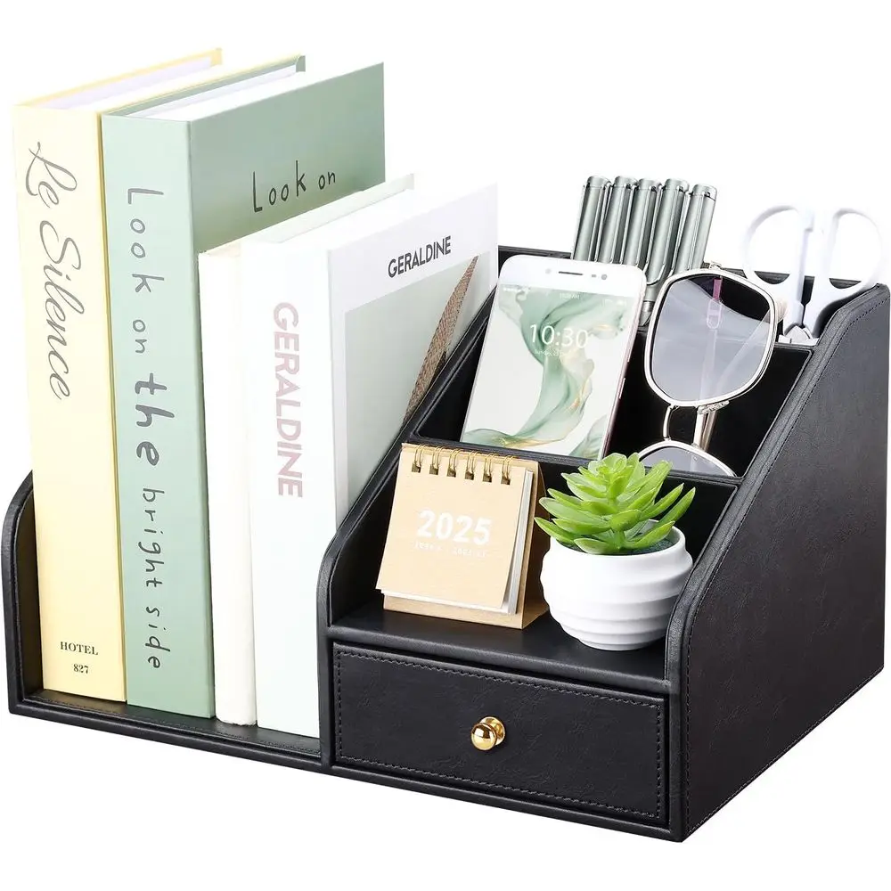 

Elegant Black PU Leather Desk Organizer with Drawer and 4 Compartments, Ideal for Office Supplies and Magazine Holder