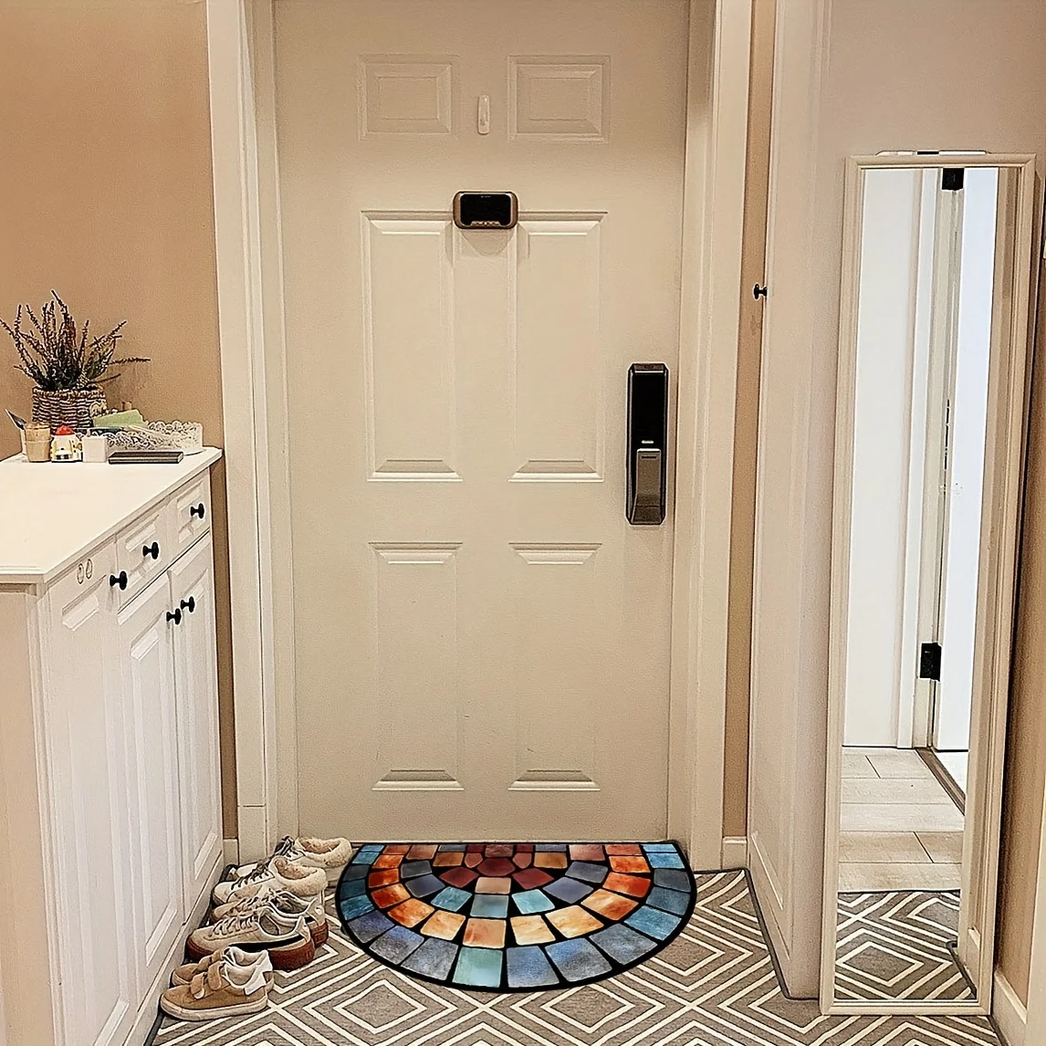 Half Round Door Mat Flannel Non Slip Washable Mosaic Stone Tile Soft Entryway Rug for Front Porch Rustic Home Decor