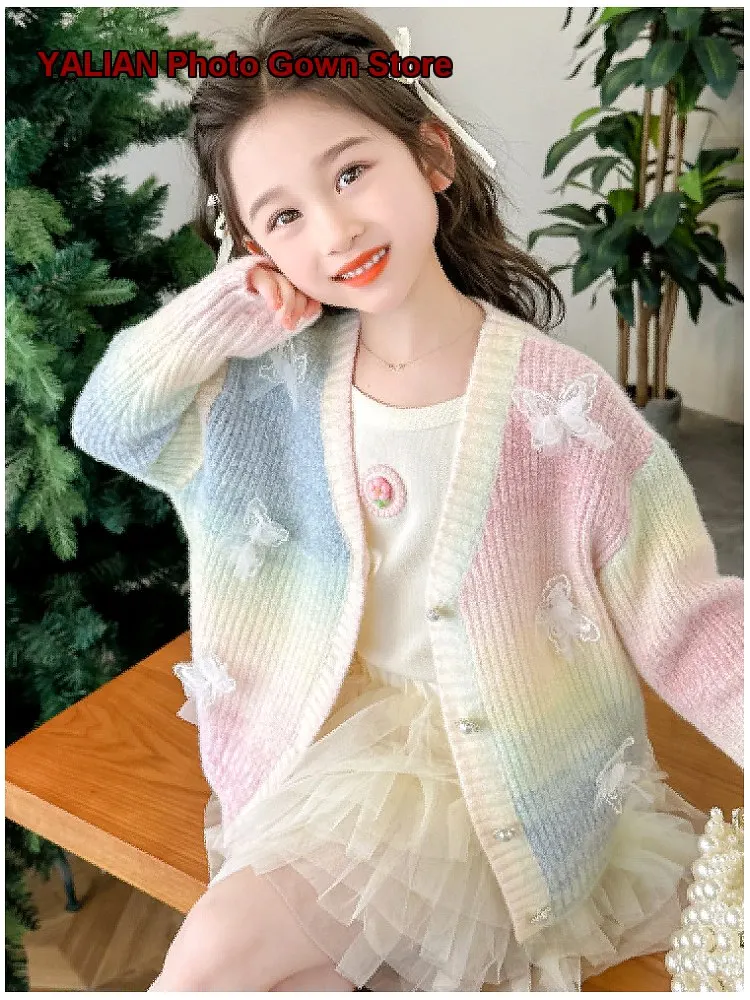 Girls Gradient Knit Jacket Thicken Warm Stylish Winter Outfit for Children 2026 Kids