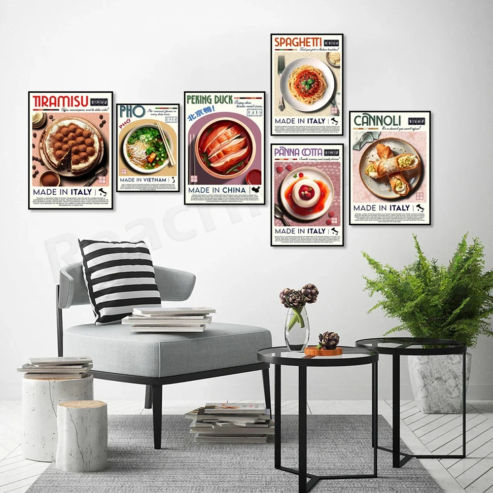 Japanese sashimi, ramen, wagyu beef, Vietnamese pho, Thai tom yum, spaghetti, cream roll, panna cotta, Peking duck food poster