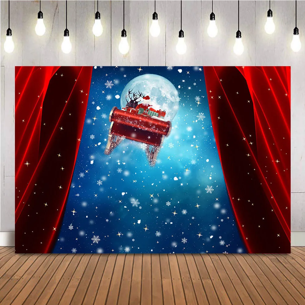 Santa Claus under the night sky Photography Backdrop Red Curtain White Snowflake Background for Photo Studio Portrait Decoration