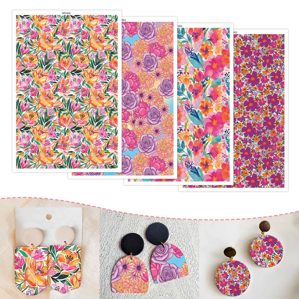 Papel de Transferencia de Agua con Diseño Floral Tropical Naranja y Rosa, y con Rosas Rosas y Moradas, para Hacer Pendientes de Arcilla Polimérica, Joyería de Verano