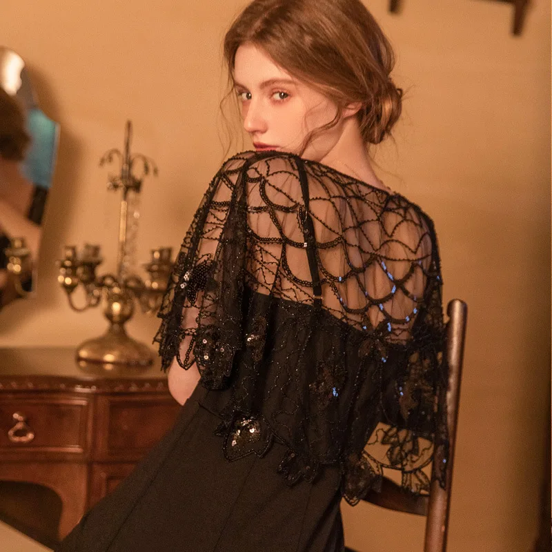 Eleganckie, błyszczące szale w stylu vintage: koralikowa peleryna wieczorowa w stylu boho dla kobiet, dodatek do sukienki