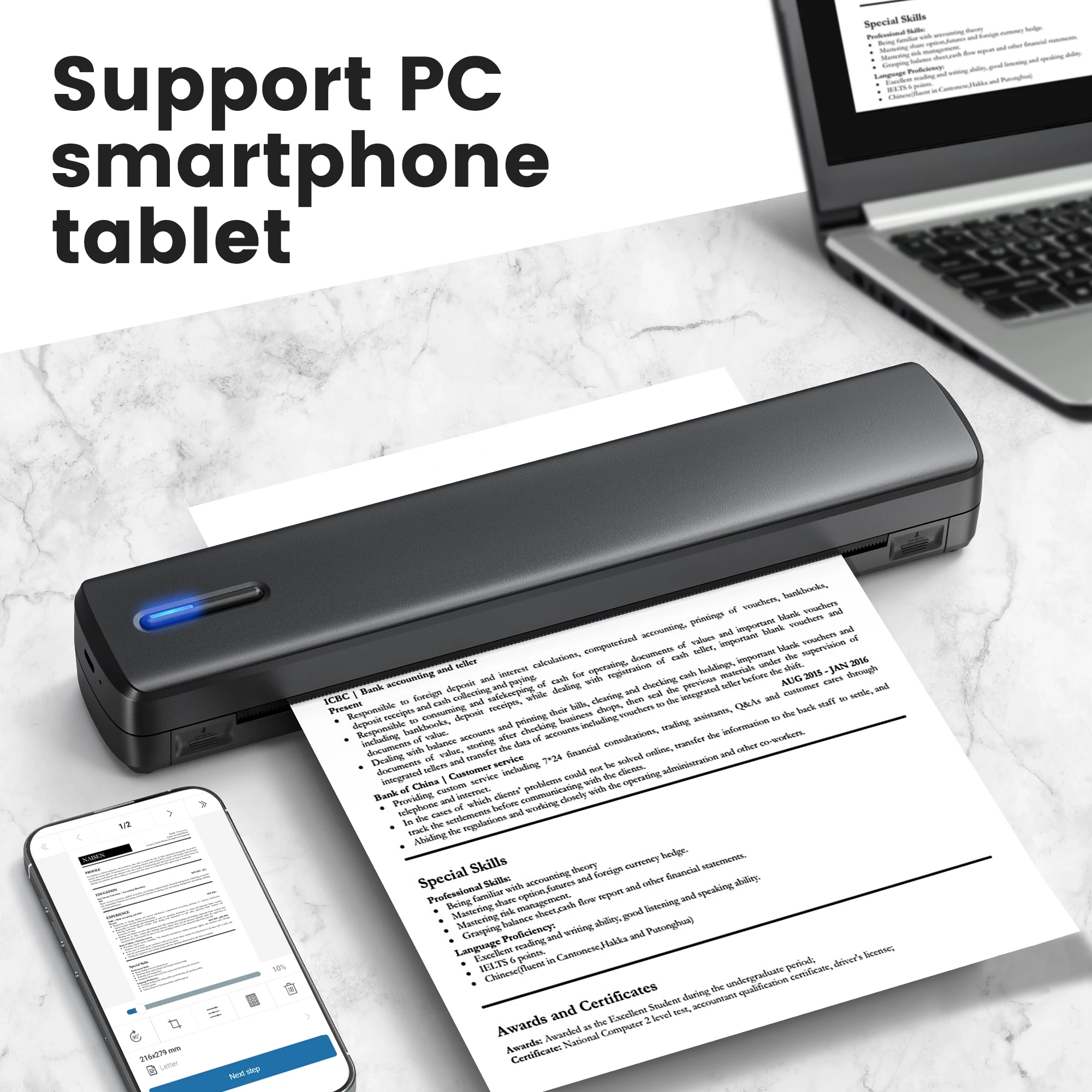 A4 Portable Inkless Thermal Printer with 20sheets thermal paper, Wireless Wireless Mobile Printer, Supports 8.5X11 Inch American Letter Paper/A4 Thermal Paper, Compatible with Mobile Phones And Laptops, Suitable for Home, Office, School And Travel