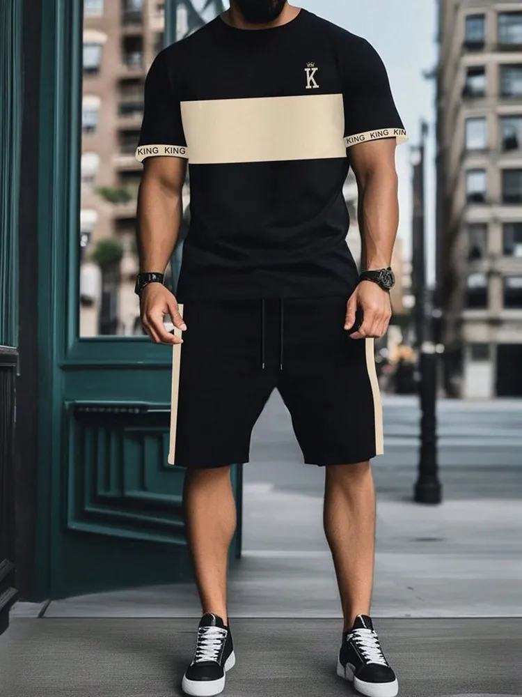 

Men's 3D Sportswear, Brand-new Round-neck Short-sleeved T-shirt Set, Shorts, Casual, Summer Vacation
