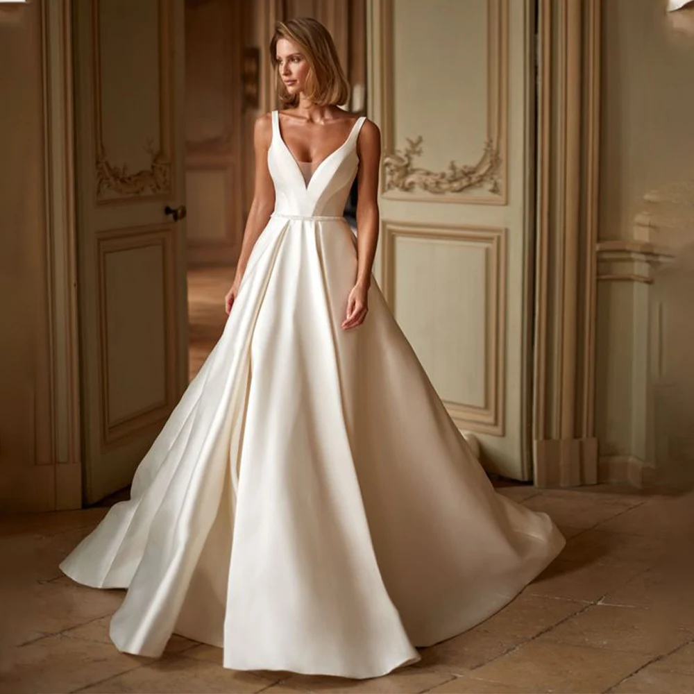 

Marvelous Wide Straps Illusion V-neck A Line Stain Wedding Dresses Backless Sweep Train Custom Made 2025 Rode De Morrie