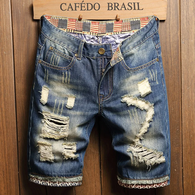 

2026 Men's Vintage Ripped Denim Shorts Distressed Knee Length Five-Point Jeans Shorts Flag Waistband Streetwear Fashion Shorts