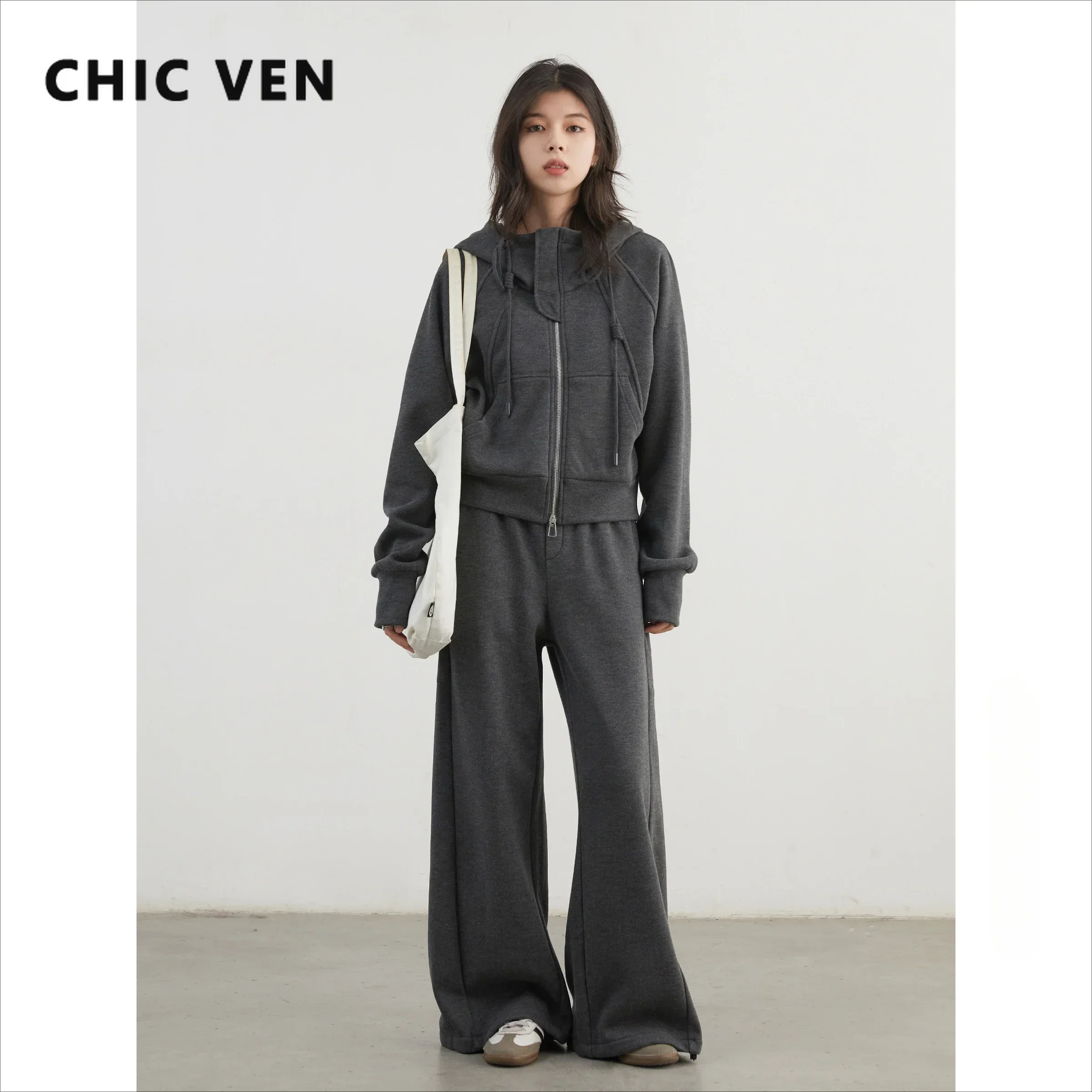 CHIC VEN Women Pant Sets Solid Loose Hooded Fleece Sweatshirt Female Jacket Wide Leg Sweatpants Set Autumn Winter 2024