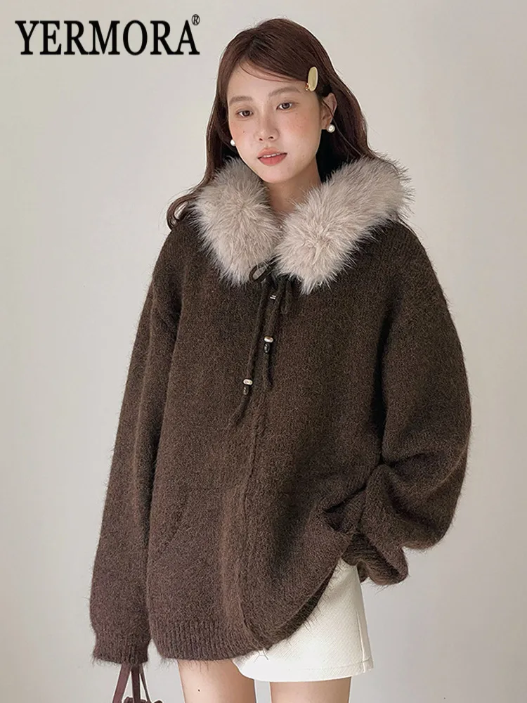 YERMORA Coffee Drawstring Pocket Thick Cardigan For Women Hooded Long Sleeve Loose New Sweater Fashion Tide Autumn Winter 2025