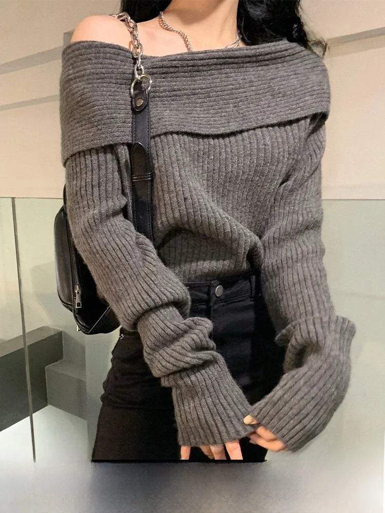 

Женский вязаный свитер на одно плечо с оборками Ele ey, новинка 2025, ленивый топ, чистый цвет