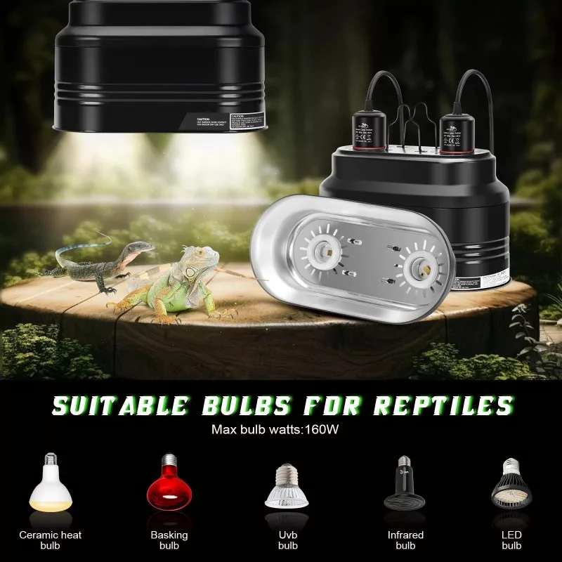 Deep Dome Reptile Heat Lamp with Dual Ceramic Sockets Adjustable Temperature for Birds Turtles Chicks Safe Anti Scald